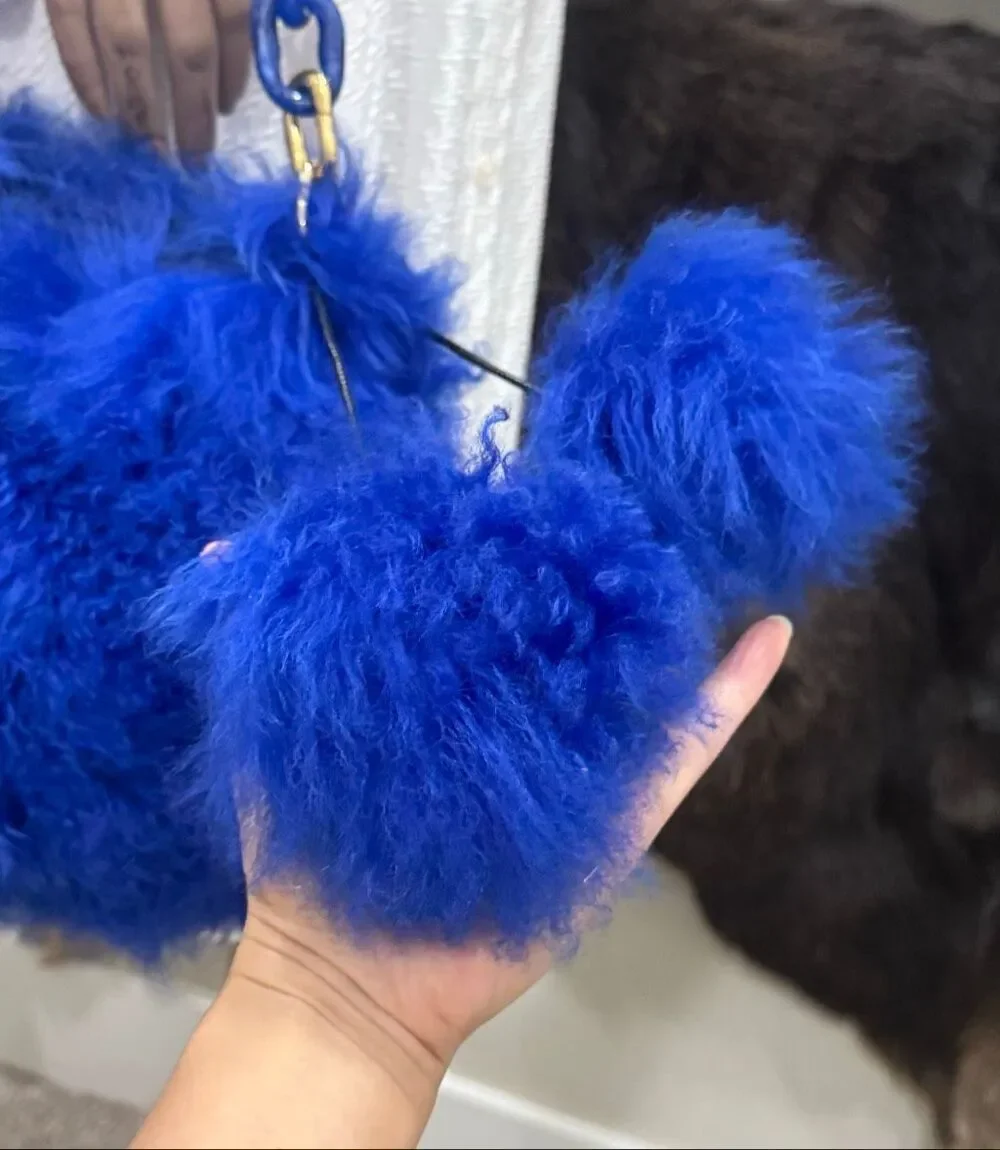One of a kind! Unique Handmade Blue Real Curly Shearling Drawstring Bucket Bag